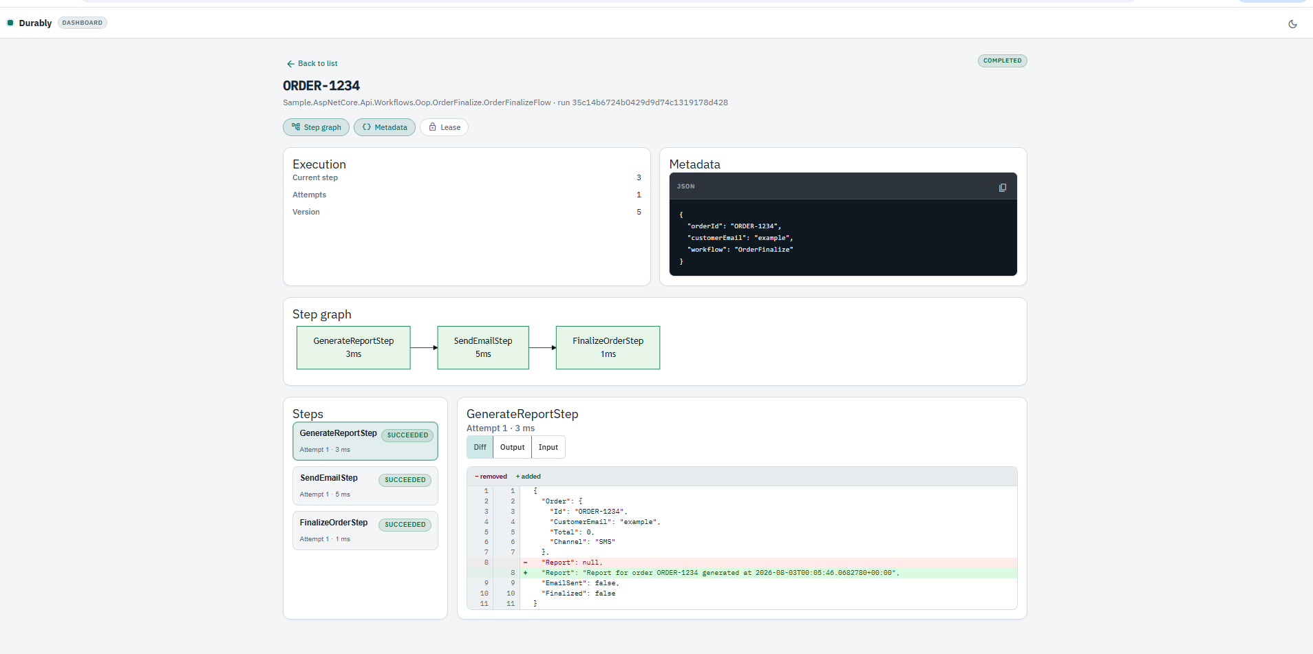 Durably dashboard execution details with step traces
