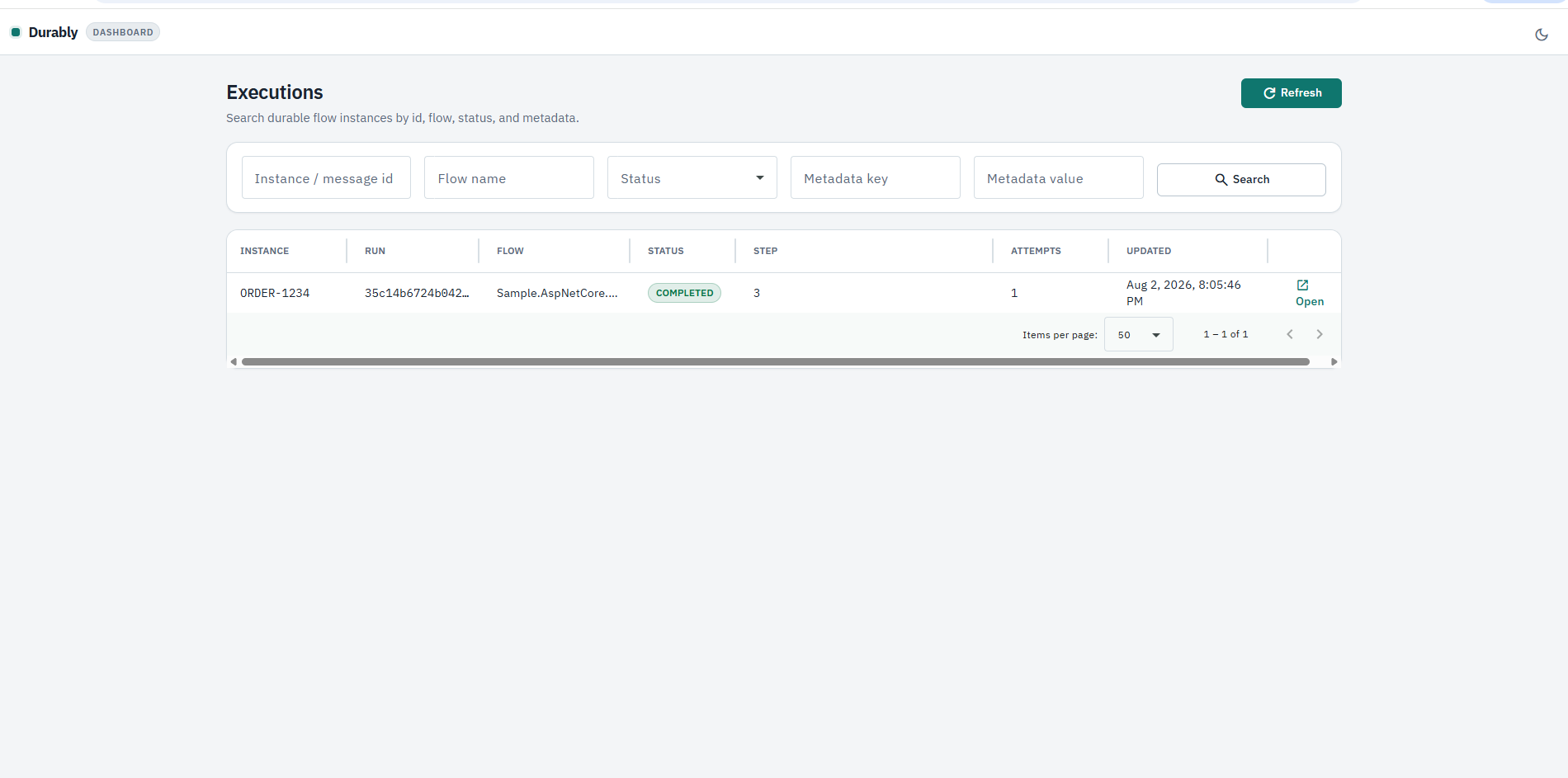 Durably dashboard executions list